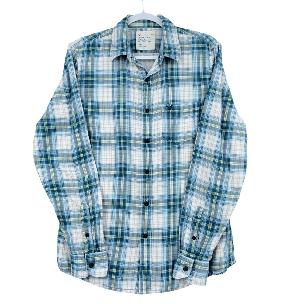 American Eagle Plaid Button Down Shirt Mens Medium 100% Cotton Blue White